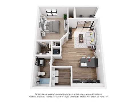 a stylized floor plan with a bedroom and a living room